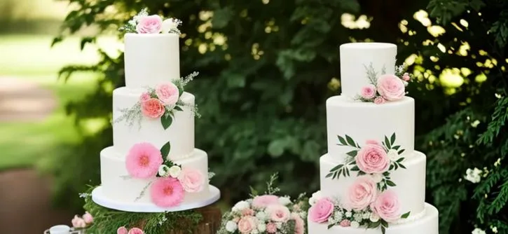 Bolo florido com delicadas flores de açúcar nos tons de rosa e branco